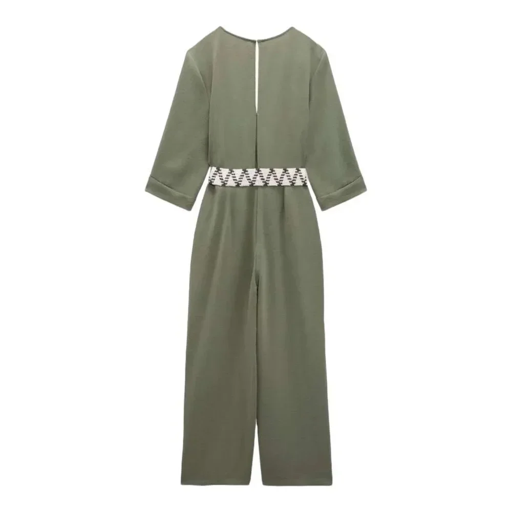 ZARA Dark Khaki Belted Wide Leg Jumpsuit XS NWT Wrap V Neck 3/4 Sleeve